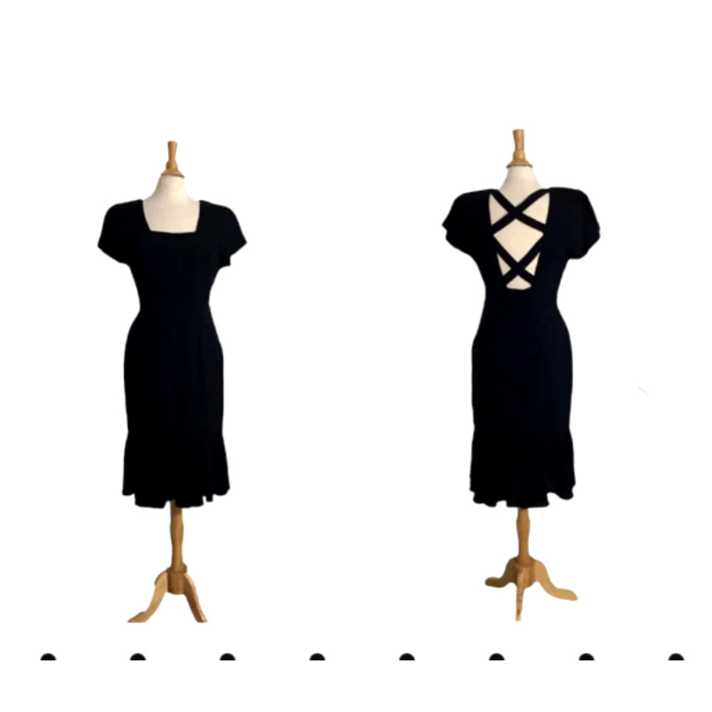 SALE. Vintage Black CRISS CROSS Flare Bottom Dress - Cutout Wiggle Dress - M